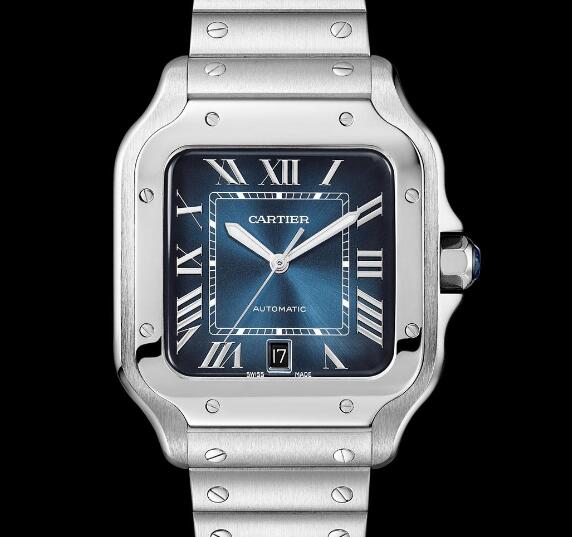 The oversized Roman numerals hour markers are striking to the blue dial.