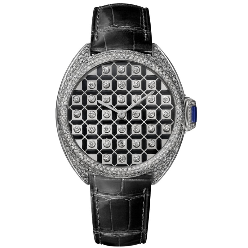 The black strap fake watch is decorated with diamonds.